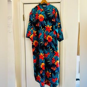 VTG Lord & Taylor Resort Tropical Satin Floral Mandarin Collar Zip Muumuu Kaftan
